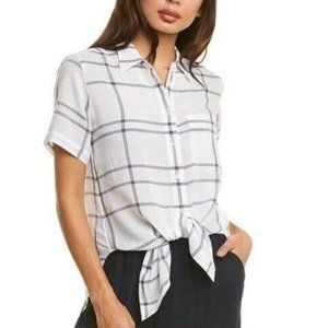 Theory Hekanina Tie Front Shirt Linen Blend Short Sleeve Blouse; Size: Petite